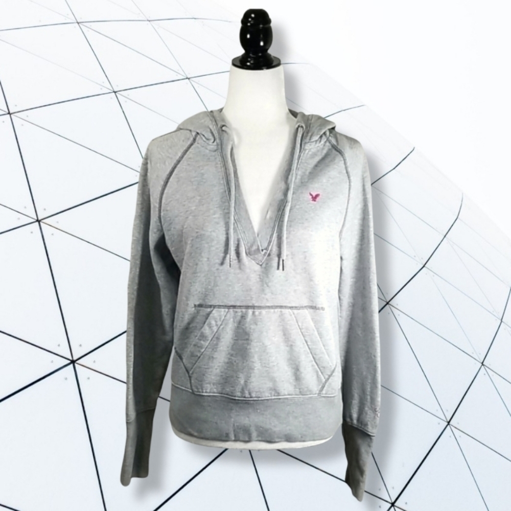 American Eagle Ladies Hoodie Size L Grey V-Neck Embroidered Spell-out